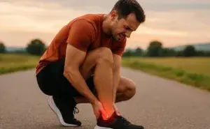 sore achilles when running athlete holding painful achilles