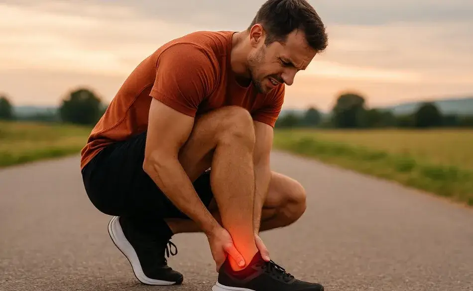sore achilles when running athlete holding painful achilles