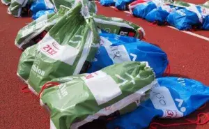 triathlon transitions made easy for first time racers. transition bags ready in the staging area