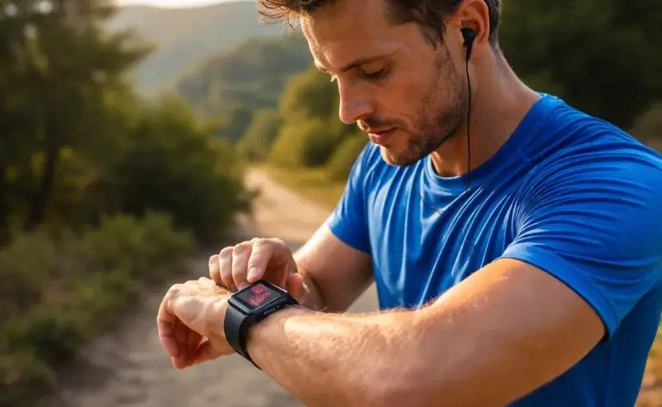 Runner checking average heart rate while running on a smartwatch during an outdoor training run