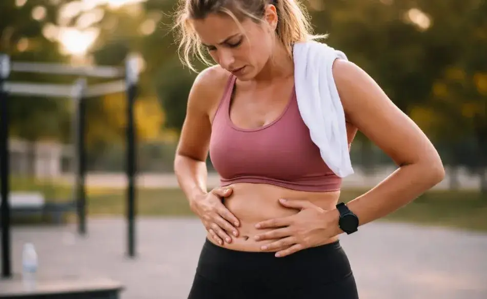 Person feeling bloated after a workout while standing outdoors post-exercise