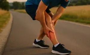 Runner holding his calf on a quiet road experiencing calf DOMS after running