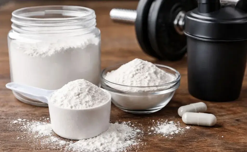 Creatine for runners supplement shown as powder and capsules on a training surface