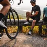 Pain during cycling vs after cycling illustrated by riders resting and stretching after a ride