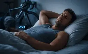 Man struggling with trouble sleeping after workout following evening endurance training