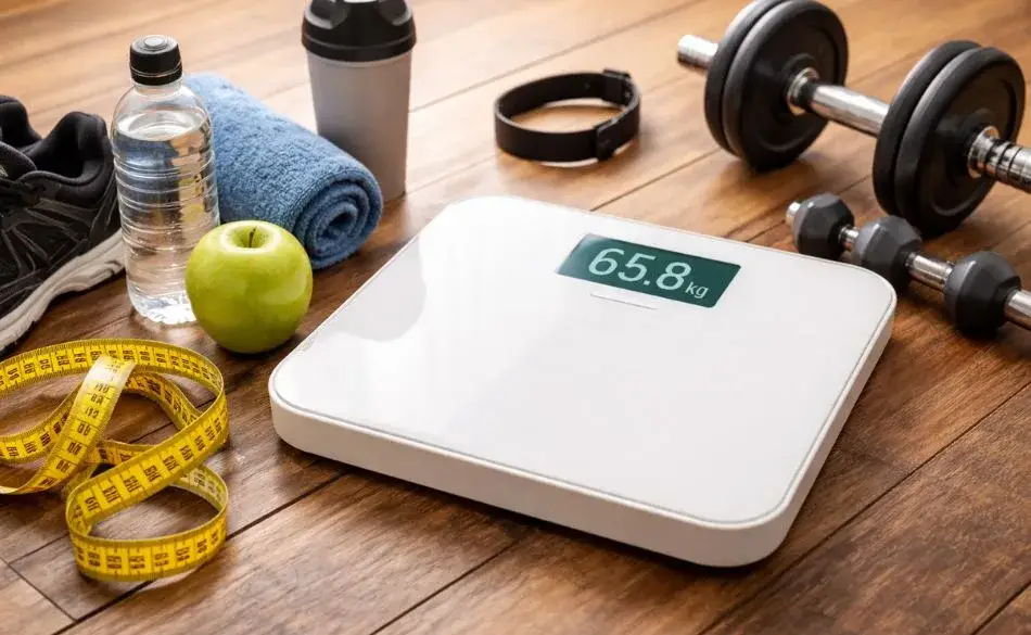 Bathroom scale on a wooden floor with running shoes, water bottle, towel, and dumbbells showing when is the ideal time to weigh yourself
