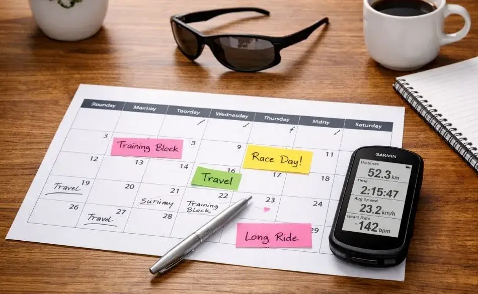 Cycling calendar used for season planning with training blocks and event scheduling
