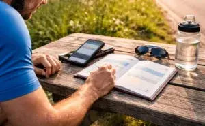 Cyclist reviewing cycling training plans on a phone and training notebook before a ride