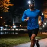 Runner running at night on a well-lit path wearing a headlamp and reflective gear