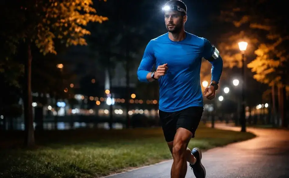 Runner running at night on a well-lit path wearing a headlamp and reflective gear