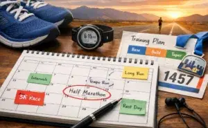 Running calendar used to plan races and training blocks across a season