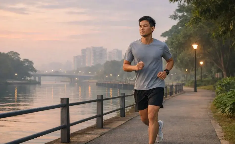 Runner training at an easy pace along a Singapore waterfront path in warm, humid early morning conditions
