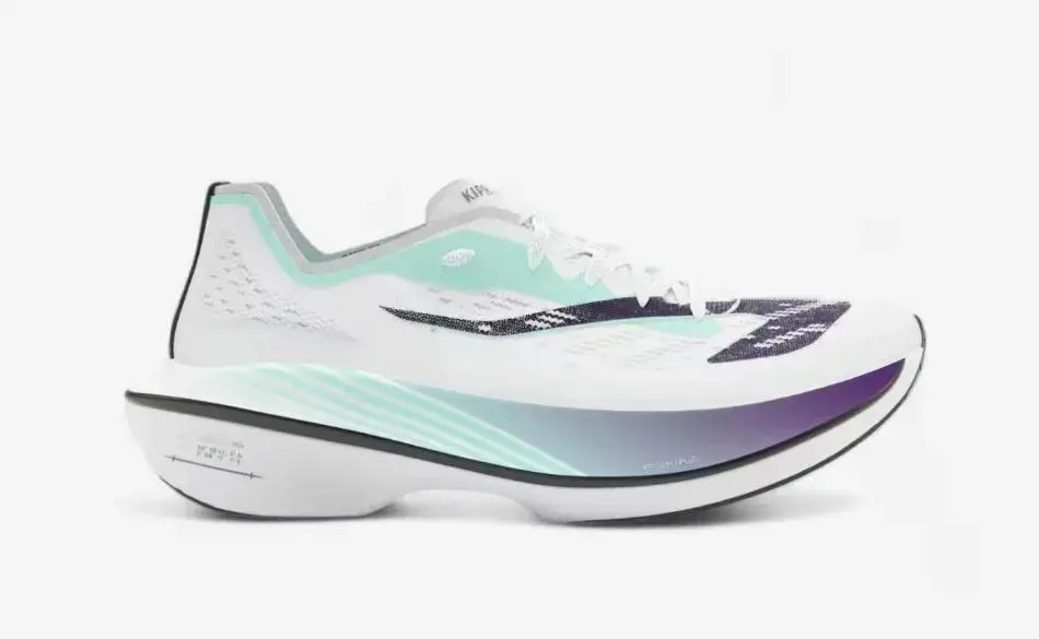 Carbon plate running shoe with thick midsole and curved forefoot designed for marathon efficiency