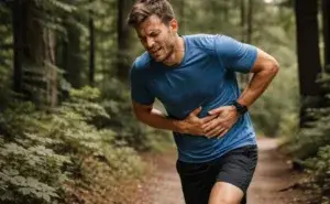Runner holding his stomach due to cramps while running on a forest trail