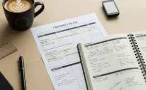 Structured cycling training plan on a desk with a training notebook showing weekly workouts and performance graphs